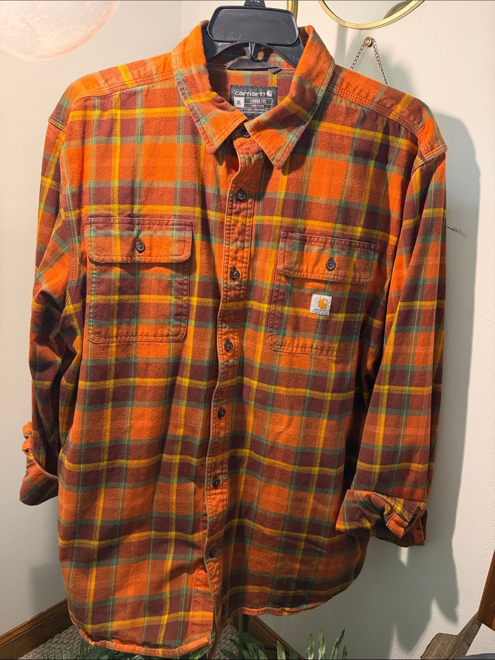Carhartt Men’s Orange and Green Plaid Button-Down Shirt